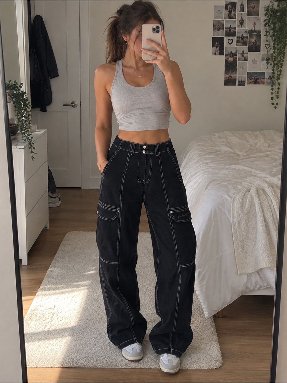 BDG Urban Outfitters Cargo Jeans 26 Black Contrast Stitch Wide Leg Y2K